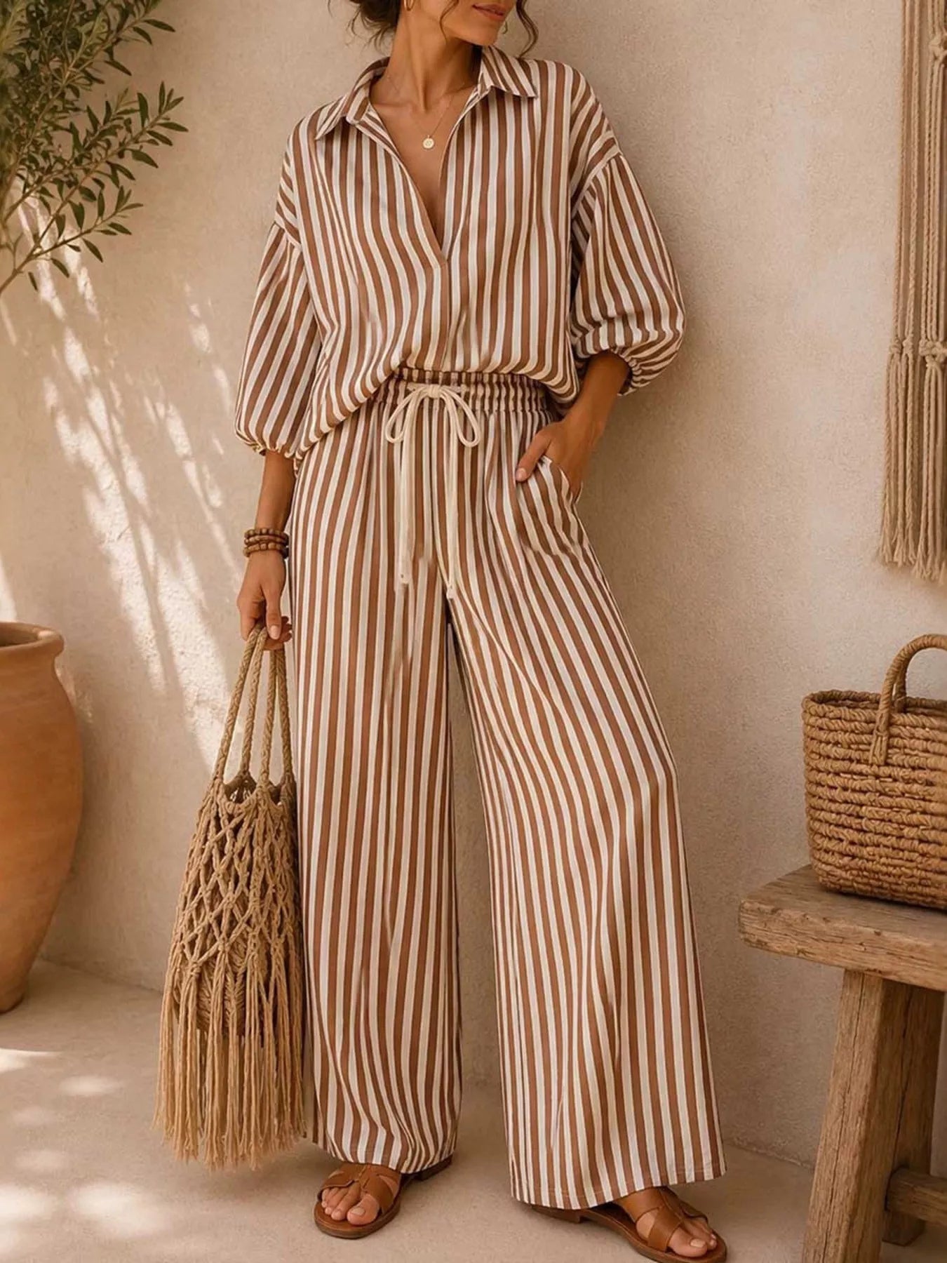 : Plus Size Striped Puff Sleeve Shirt & Wide-Leg Pants Set
