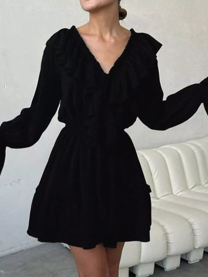 Ruffled V-Neck Long Sleeve Mini Dress