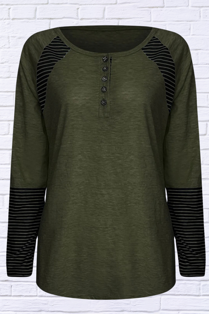Full Size Striped Quarter Button Long Sleeve T-Shirt