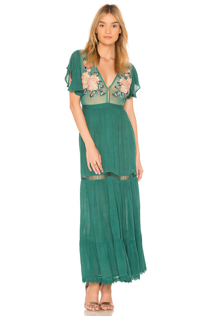 Belted Embroidered Butterfly Sleeve Maxi