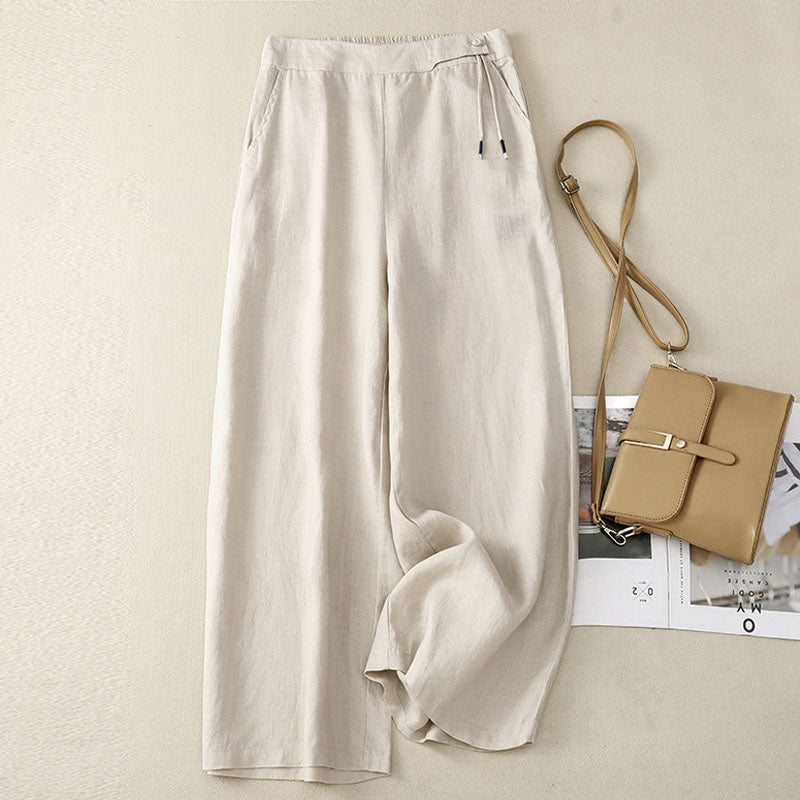 Elastic waist cotton linen cropped pants