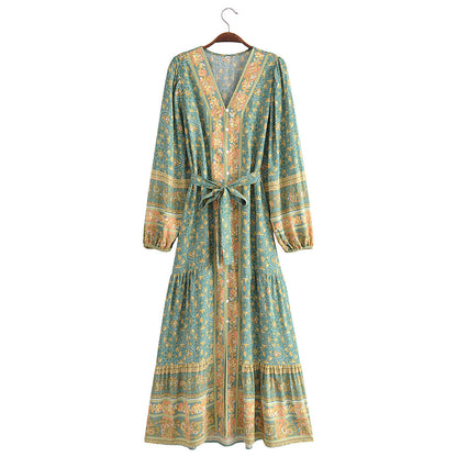 Autumn Casual Women Printed Cardigan Long Sleeve Belt Dress