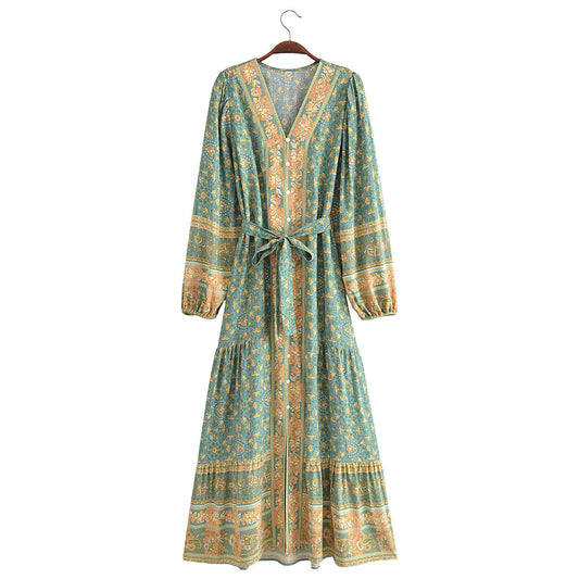 Autumn Casual Women Printed Cardigan Long Sleeve Belt Dress