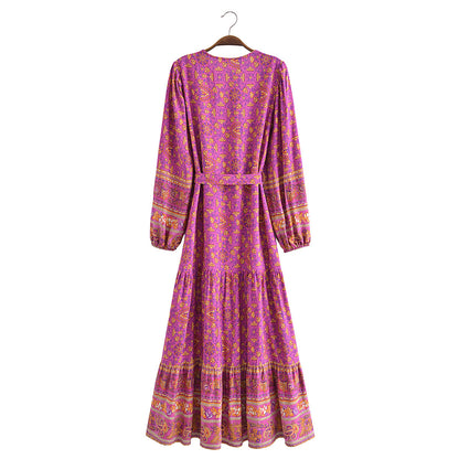 Autumn Casual Women Printed Cardigan Long Sleeve Belt Dress