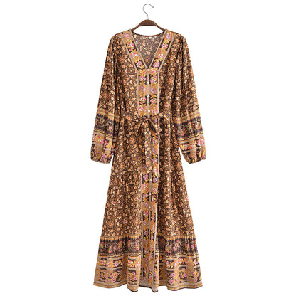 Autumn Casual Women Printed Cardigan Long Sleeve Belt Dress