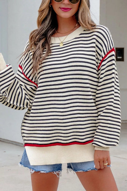 Stripe Ribbed Trim Drop Shoulder Oversized Sweater