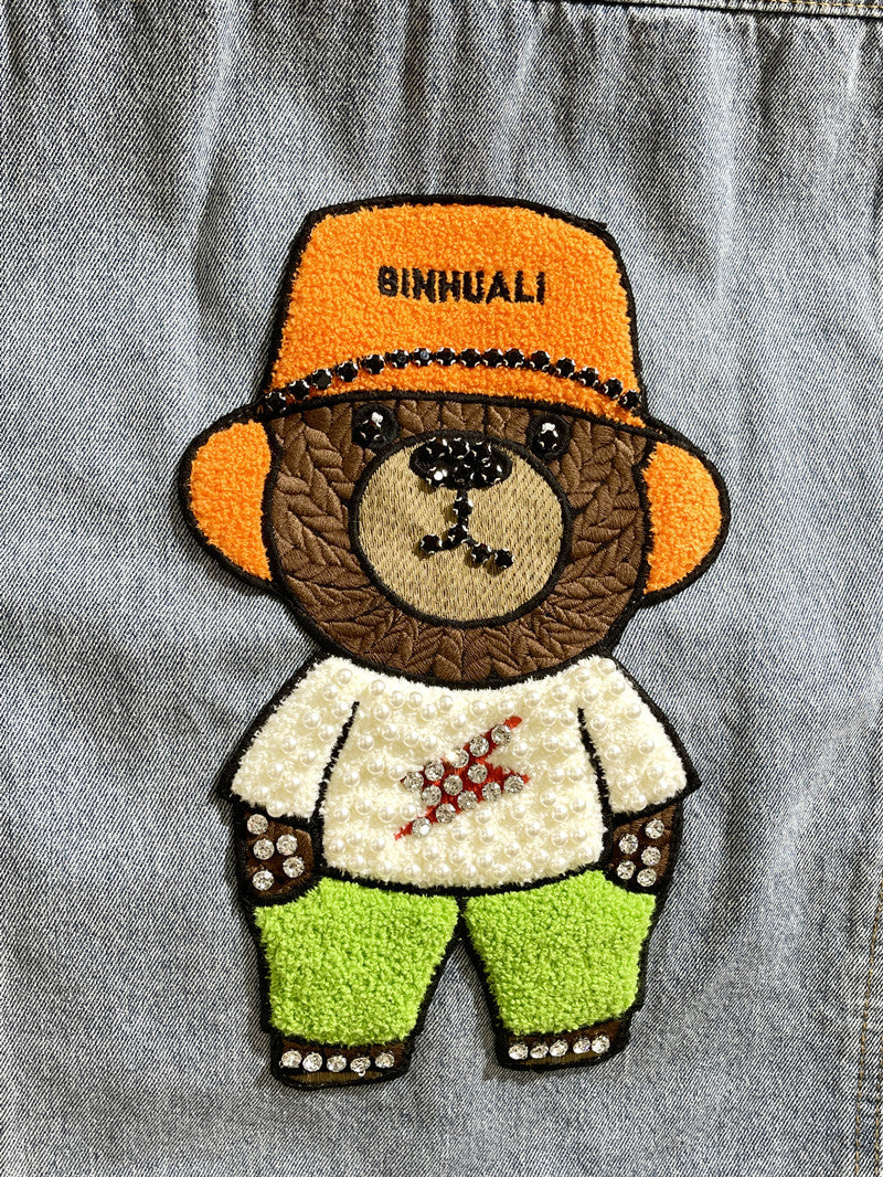 Light Blue Denim Flocked Bear Vest Coat