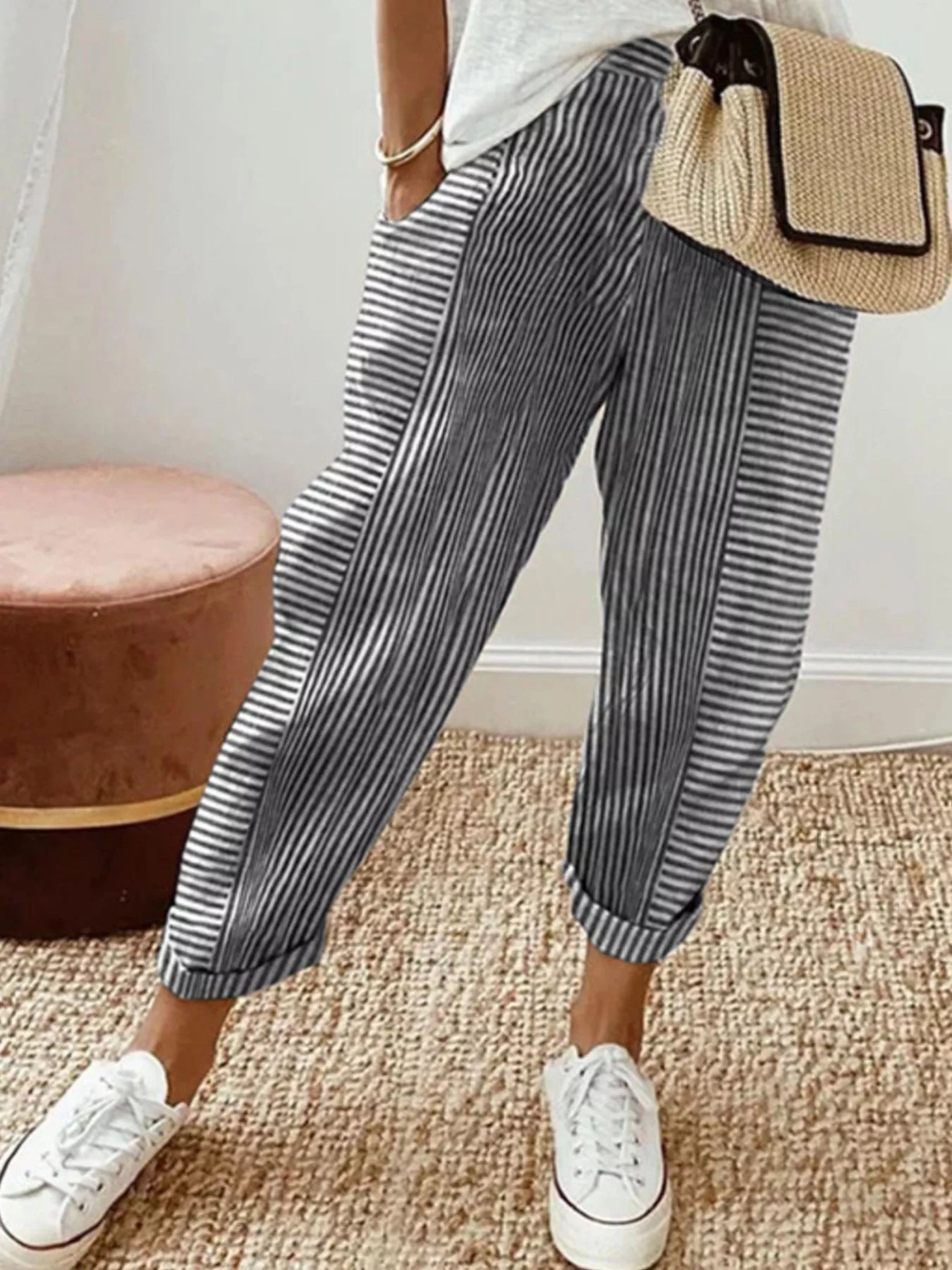 Full Size Striped Casual Pants Plus Size
