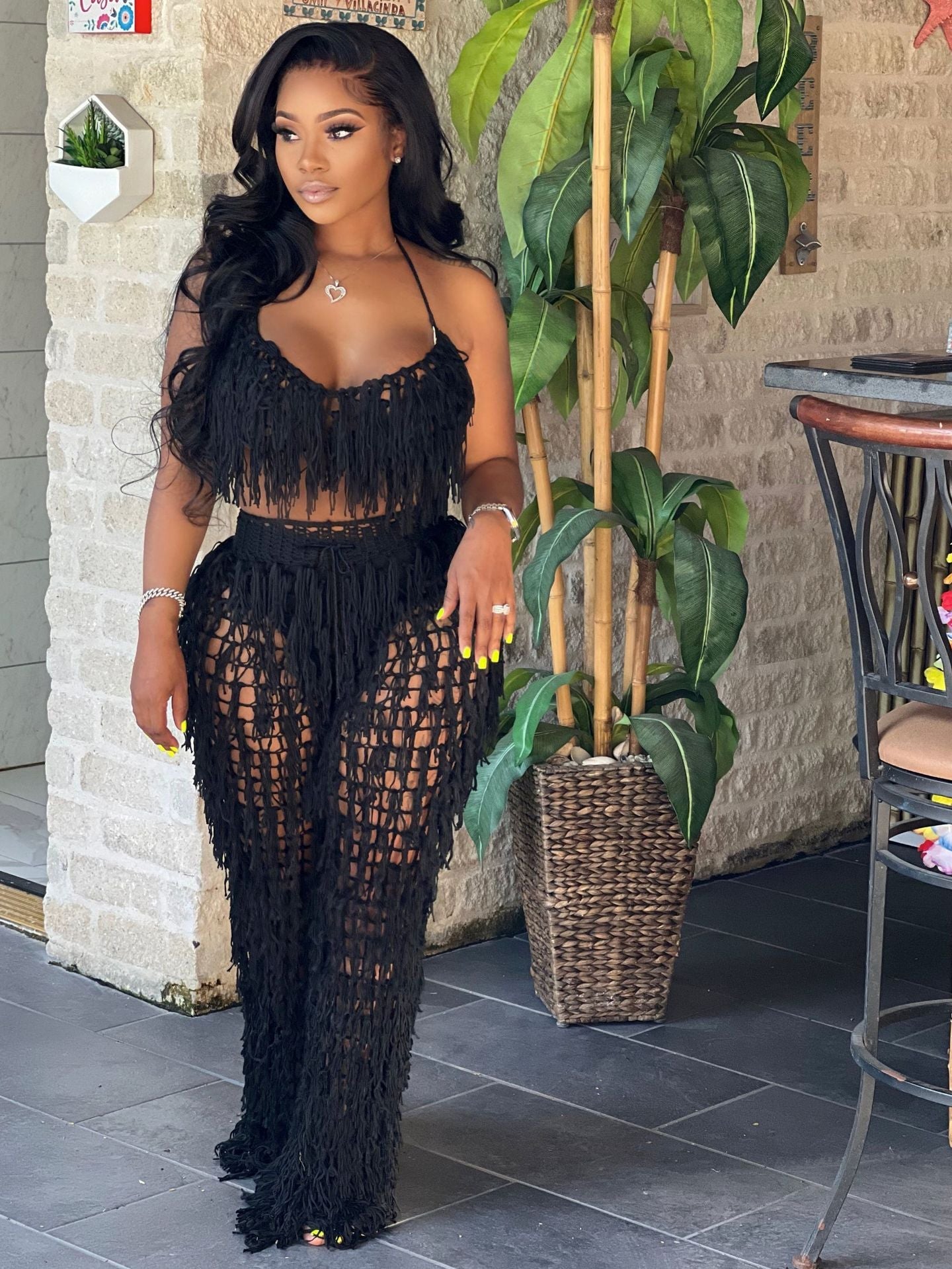 Sexy See through Crochet Tassel Beach Suit