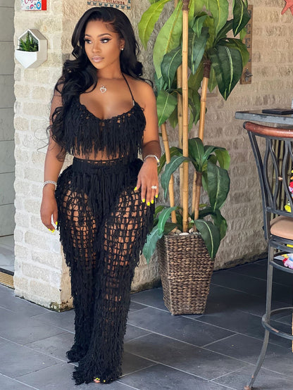Sexy See through Crochet Tassel Beach Suit