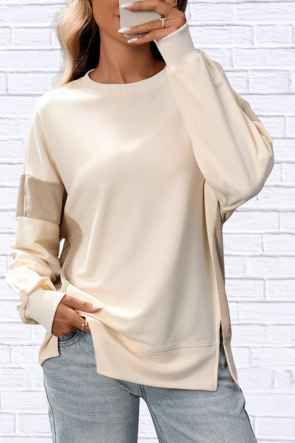 Slit Round Neck Long Sleeve Sweatshirt