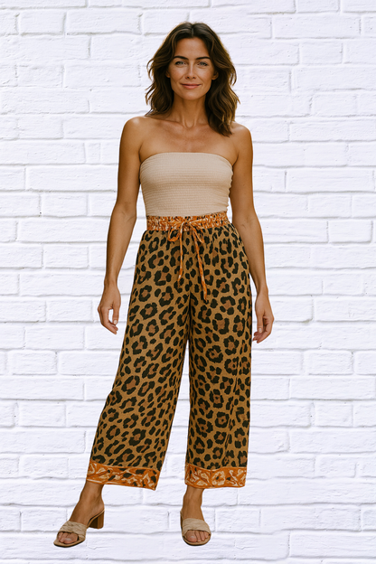 Leopard Print With Contrast Banded Wide Pants