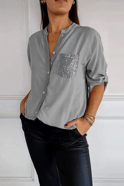 Rolled Up Sleeves Button Down Sequin Splice Blouse Shirt Gray