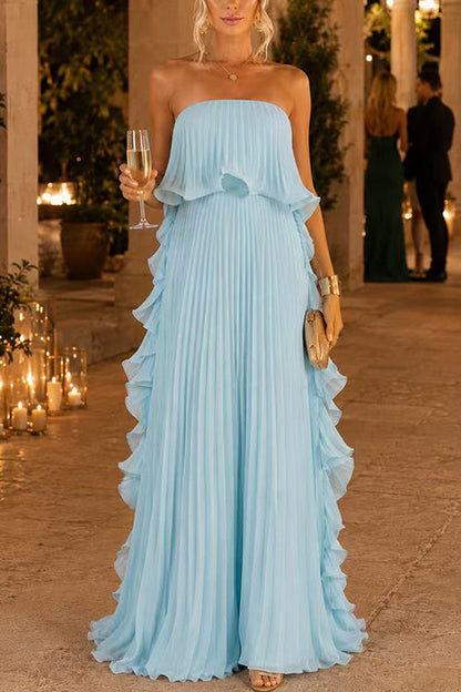 Elegant Strapless Tube Ruffle Pleated Maxi Dress