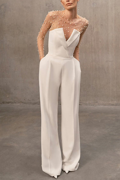 V Neck Strapless Pocketed Wide Leg Jumpsuit