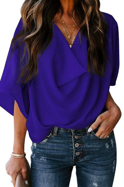 Cowl Neck Short Sleeve Drape Chiffon Shirt NavyBlue