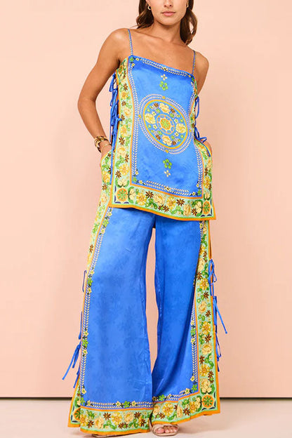 Rosiedress Bow Tie Side Split Cami Top Wide Leg Pants Printed Satin Set Blue