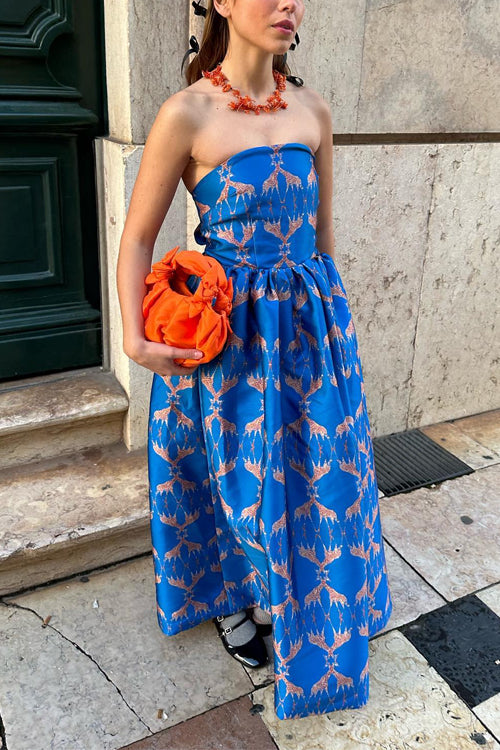 Trägerloses, rückenfreies Maxi-Partykleid mit Schleife und Aufdruck