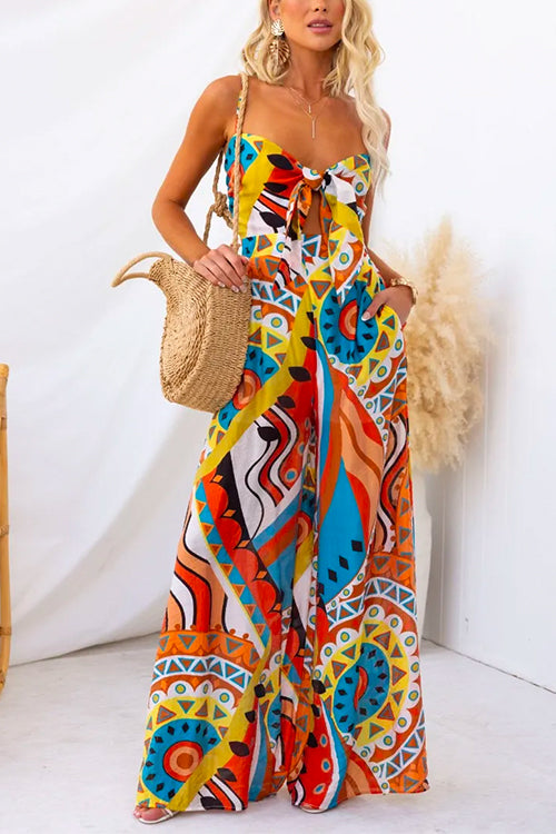 Spaghetti Strap Tie Knot Front Wide Leg Printed Jumpsuit Orange