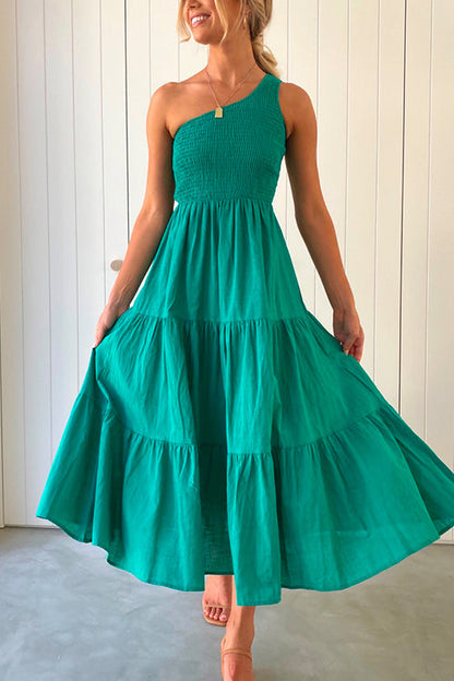 One Shoulder Sleeveless Smocked Ruffle Tiered Maxi Dress DarkGreen