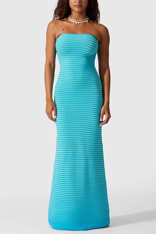 Rosiedress Strapless Tube Striped Knit Maxi Bodycon Dress Blue