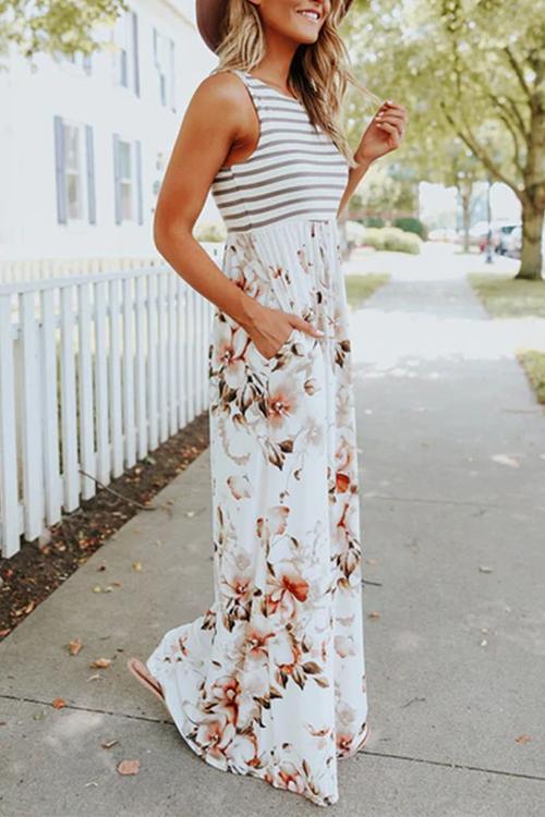 Rosiedress Sleeveless Stripes Splice Floral Maxi Dress