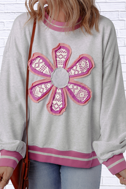Flower Patch Contrast Trim Crew Neck Sweatshirt