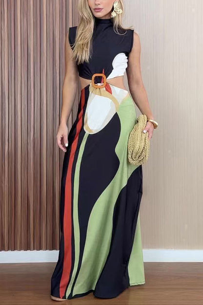 Mockneck Sleeveless Cut Out Waist Printed Maxi Dress
