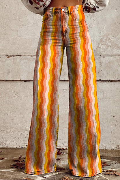 High Rise Color Block Printed Wide Leg Pants Yellow