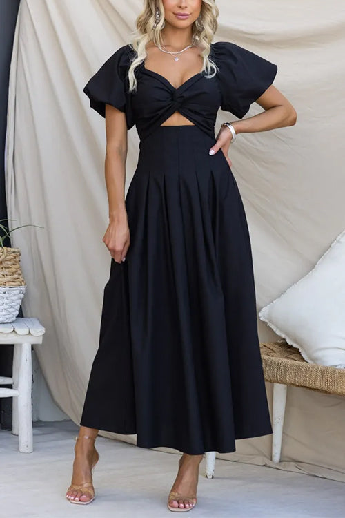 Twist Front Puff Sleeves Cut Out Pocketed Maxi Dress Black