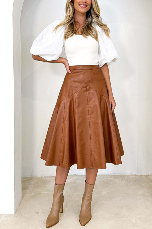 Rosiedress High Waist Faux Leather A-line Flare Midi Skirt