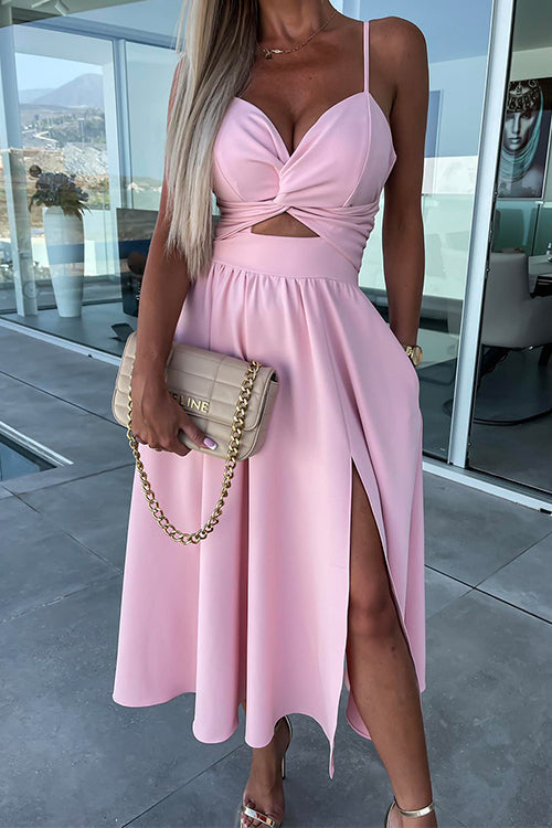 Rosiedress V Neck Backless Twist Front Cut Out Slit Cami Party Dress Pink