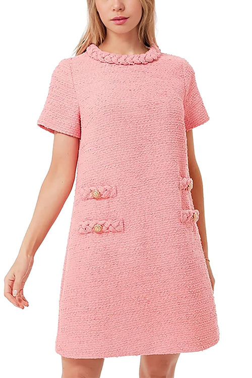 Elegant Crewneck Short Sleeves Buttons Tweed Dress Pink