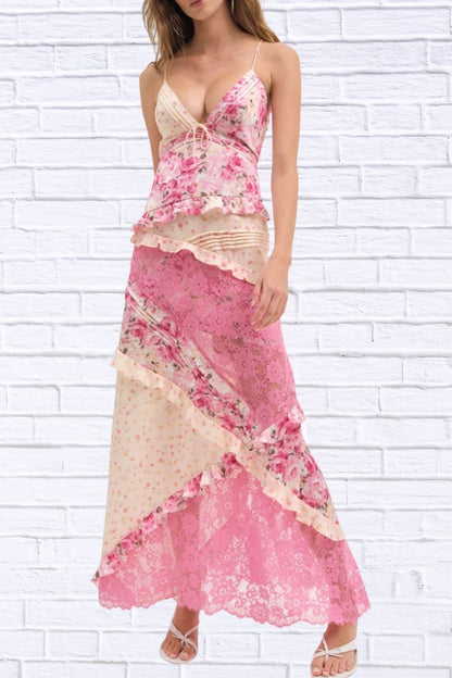 Lace Floral Ruffle Trim Maxi Dress for Women | Elegant Flowy Summer Dress | Romantic Wedding Guest & Vacation Dress