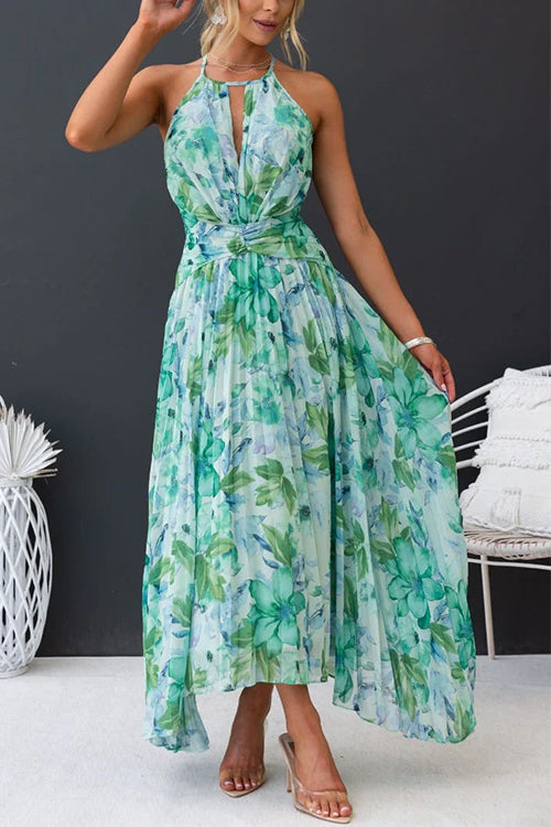 Rosiedress V Neck Waisted Cut Out Floral Pleated Maxi Dress