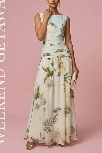 Boat Neck Sleeveless Floral Print A-line Maxi Dress