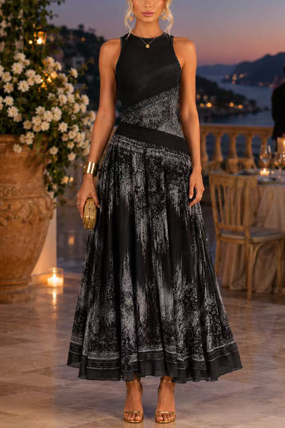 Crewneck Sleeveless Printed Flowy Maxi Dress