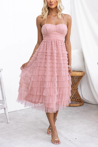 Spaghetti Strap Tulle Ruffle Layered Mesh Midi Dress