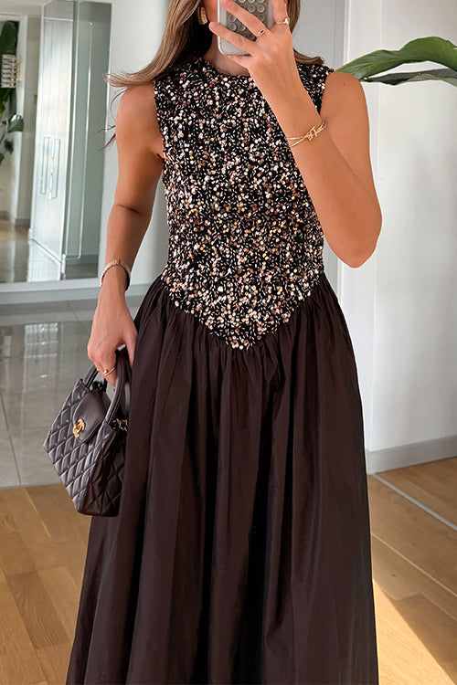 Crewneck Sleeveless Glitter Sequin Splice Maxi Dress