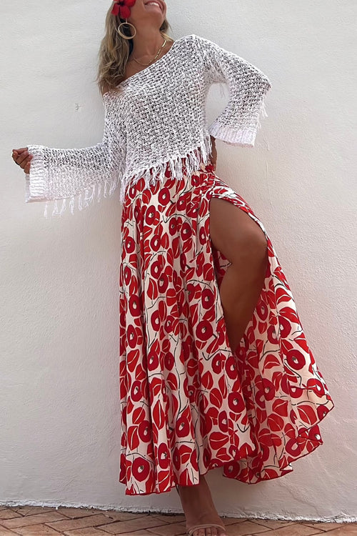 High Slit Abstract Print Flowy Maxi Skirt