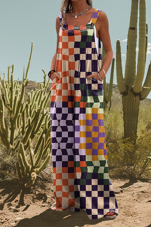 Buttons Wide Leg Pocketed Geometric Print Overalls Orange