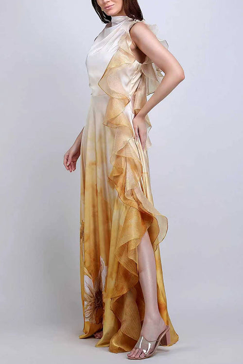 Mockneck Sleeveless Floral Print Ruffle Slit Maxi Dress
