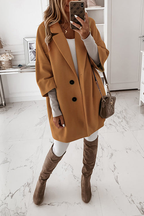 Rosiedress Lapel 3/4 Sleeve Pockets Midi Coat Khaki