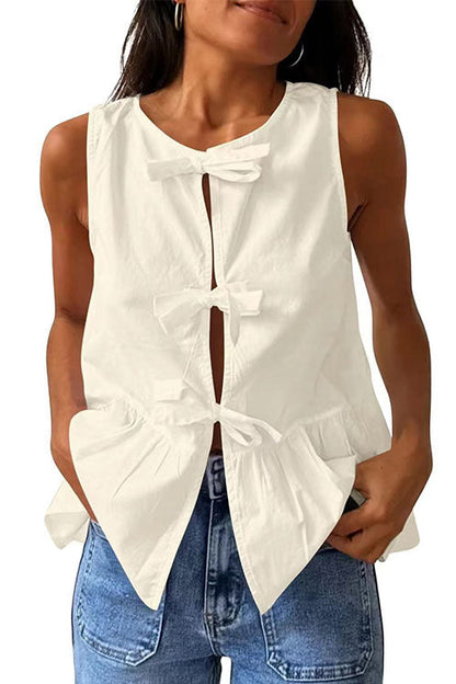 Bow Front Sleeveless Cotton Linen Ruffle Top(in 6 Colors)