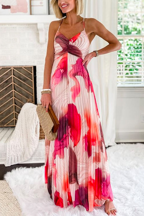 Spaghetti Strap Print Pleated Flowy Maxi Dress Hot Pink