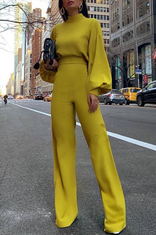 Rosiedress Solid Mockneck Lantern Sleeve Waisted Straight Leg Jumpsuit Yellow