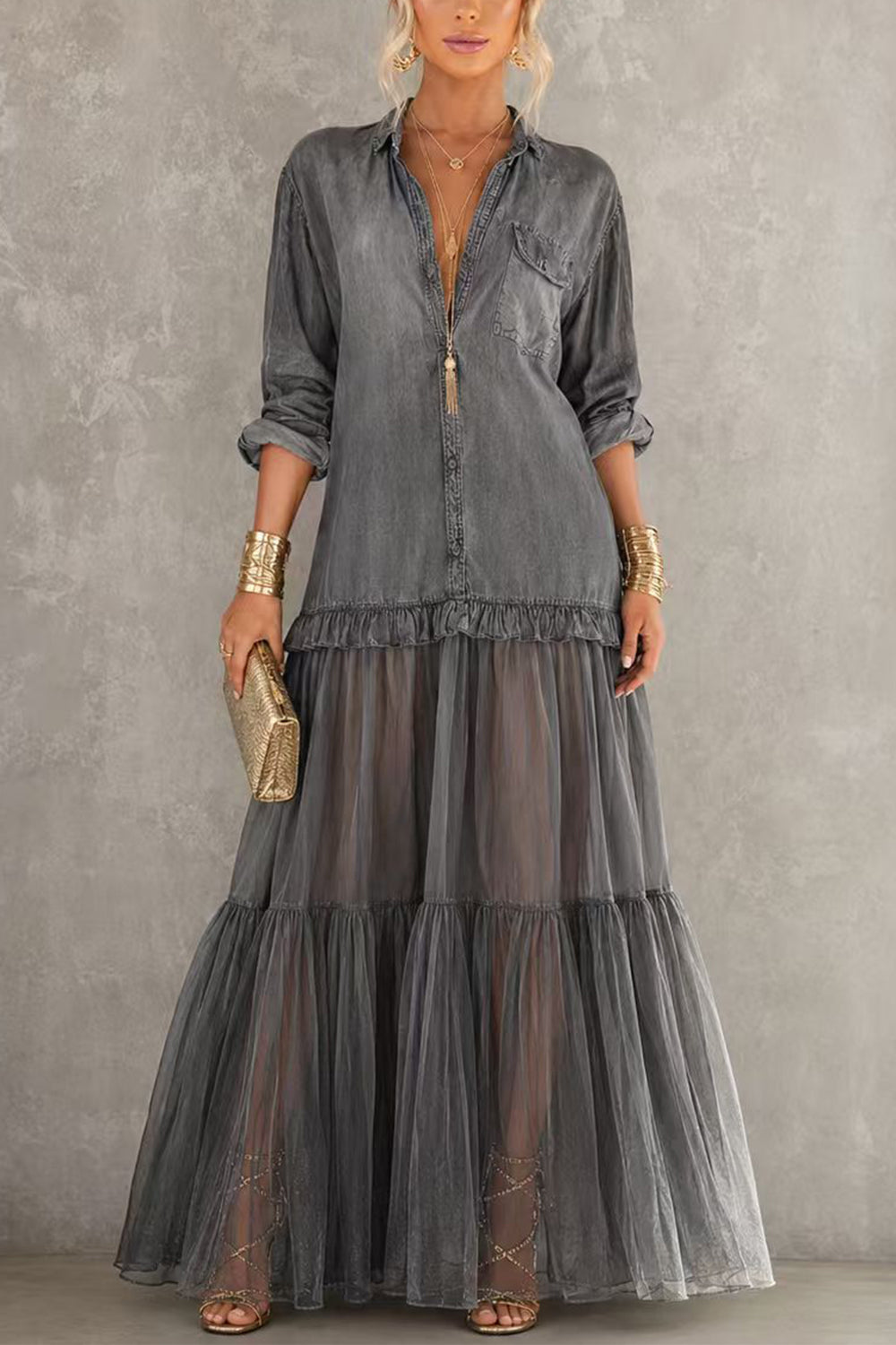 Lapel Long Sleeves Organza Splice Ruffle Denim Maxi Dress