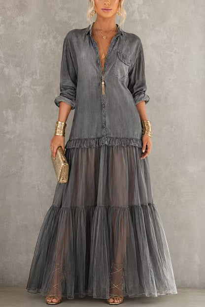 Lapel Long Sleeves Organza Splice Ruffle Denim Maxi Dress