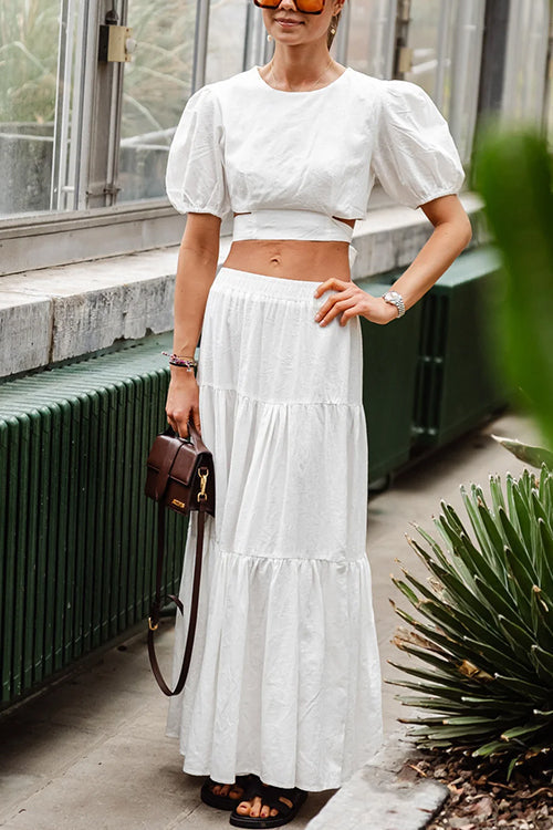 Puff Sleeves Tie Back Crop Top and Tiered Maxi Skirt Set White