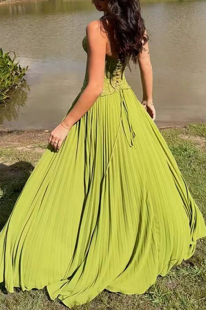 Halter Neck Back Lace-up Pleated Maxi Dress